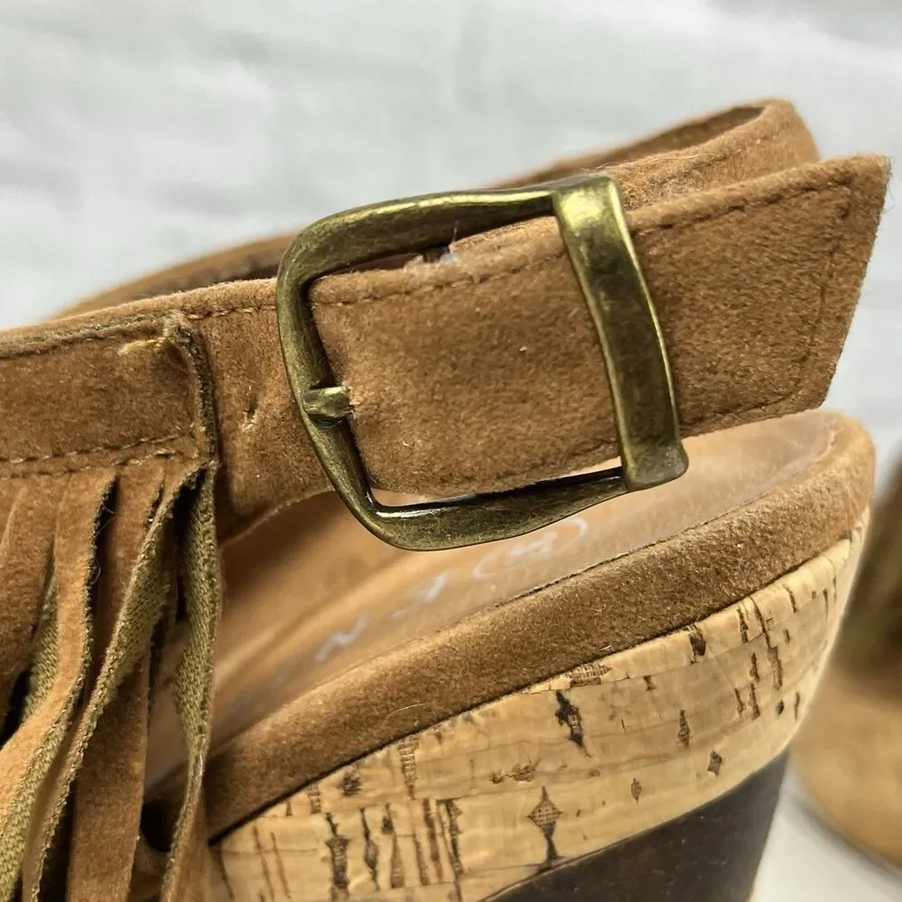 Enigma Fringe Wedge Sandal Womens Size 37 /6.5 US Brown Faux Suede Boho Hippie